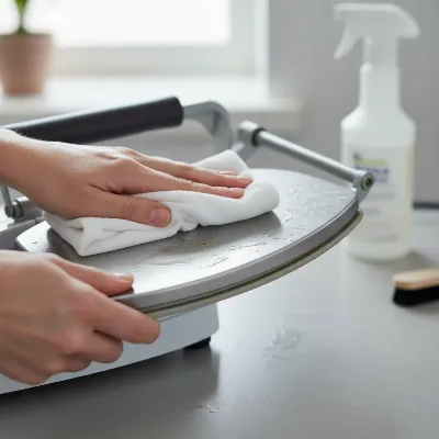 Person cleaning the soleplate of an ironing press with a damp cloth