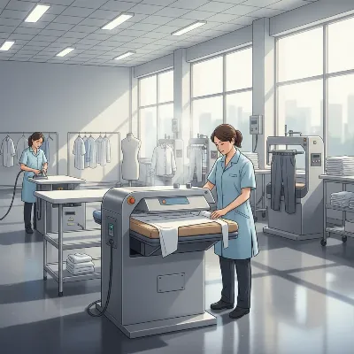 A diverse range of commercial ironing presses in a modern dry cleaning facility
