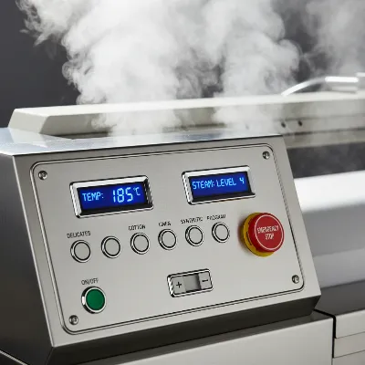 A detailed view of a commercial steam ironing press control panel and steam jets