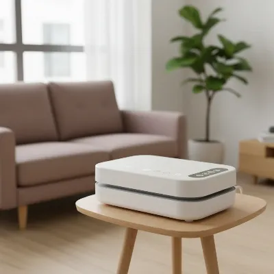 A modern, sleek compact ironing press sitting on a small, minimalist wooden table in a brightly lit apartment living room.
