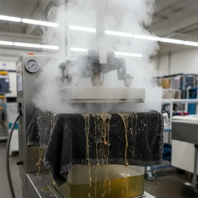Steam ironing press releasing steam onto an old towel during the descaling process, showing a mixture of steam and discolored water.
