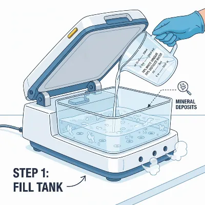 A visual representation of the descaling process for a steam ironing press using a vinegar and water solution in the water tank.