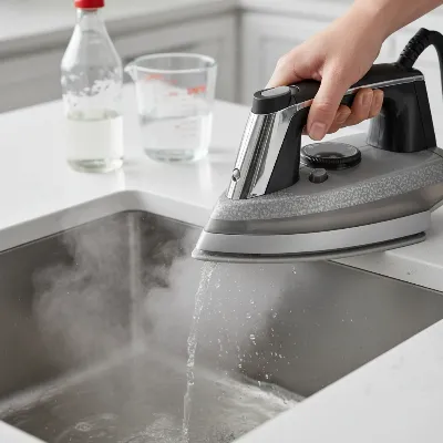 A person descaling a steam ironing press with a vinegar solution over a sink.