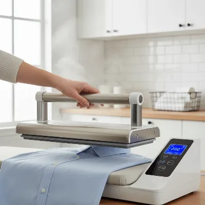 A modern digital ironing press in action, showcasing its digital controls and steam output on a garment.