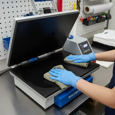 Person cleaning the platen of a Ricoma Flat Heat Ironing Press.