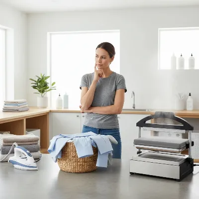 A person thoughtfully considering a traditional iron and a steam press on a clean laundry room counter, with a basket of clothes nearby. The scene is bright and modern, illustrating the choice between two garment care appliances.