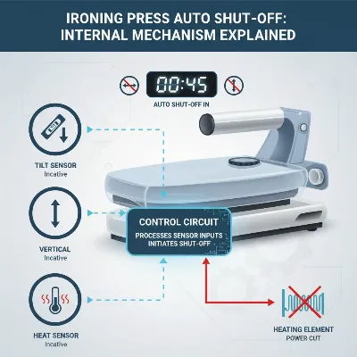 An infographic illustrating how auto shut-off works in an ironing press.