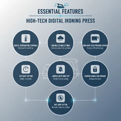 An infographic detailing key features of an advanced digital ironing press.