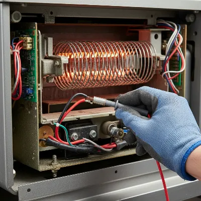 Close-up of internal components of an ironing press with a multimeter testing a thermal fuse