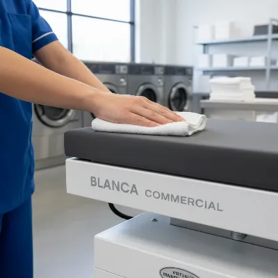 User performing simple maintenance on a Blanca Commercial Ironing Press, emphasizing ease of upkeep.