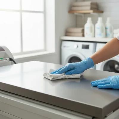 Person cleaning an ironing press plate with a cloth, emphasizing maintenance for preventing burns and ensuring safety.