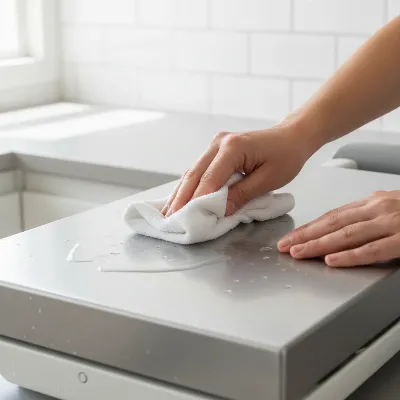 A person cleaning the soleplate of an ironing press, demonstrating proper maintenance for longevity