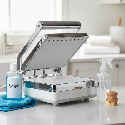 Various tools and supplies for maintaining a steam ironing press, including cleaning solutions, a soft cloth, and a descaling agent, arranged neatly on a counter top.