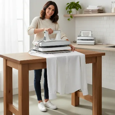 A woman efficiently using a standard-sized ironing press on a shirt, with a compact model nearby for comparison, emphasizing budget-friendly options.