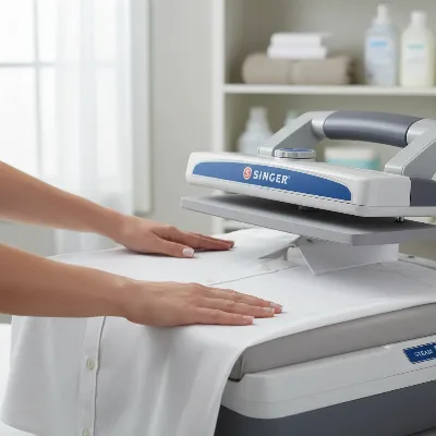 A person using the Singer Magic Steam Press ESP2 on a white shirt, showcasing the ease of pressing large sections.
