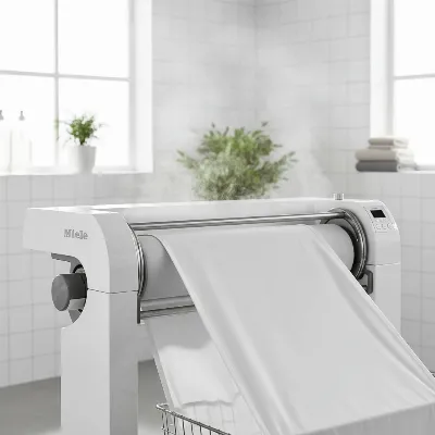 Miele Rotary Iron efficiently pressing a large bed sheet with crisp results