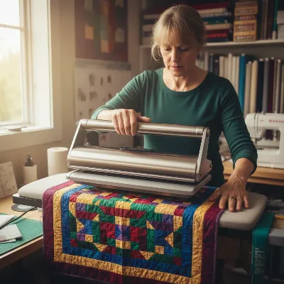 A quilter efficiently pressing a large quilt block with an extra large ironing press, showing precise alignment and steam.