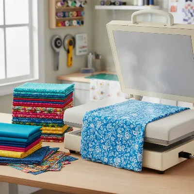 Various quilting fabrics being perfectly flattened and prepared by an ironing press, showcasing efficiency and precision.