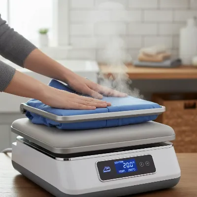 A person easily using the Sienna Elite Steam Ironing Press on a garment, highlighting its ergonomic design.