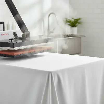 Singer ESP-2 Electronic Steam Press smoothing out a large bed sheet with steam, showcasing its wide pressing surface.