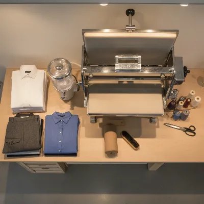 A compact, efficient ironing station in a small shop, featuring a heavy-duty press.