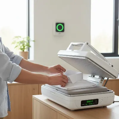 A person efficiently using a steam ironing press, demonstrating energy-saving habits and proper use.