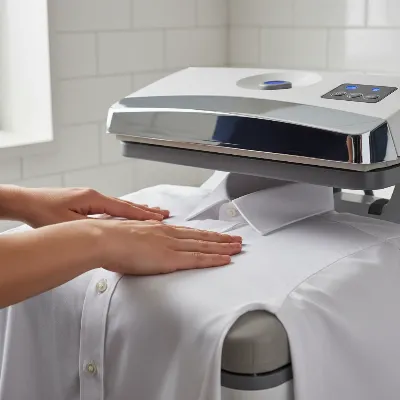 Person using a steam press on a white shirt