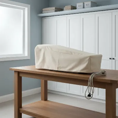 An ironing press neatly stored in a clean, dry area, covered with a protective dust cover, highlighting proper storage for longevity.